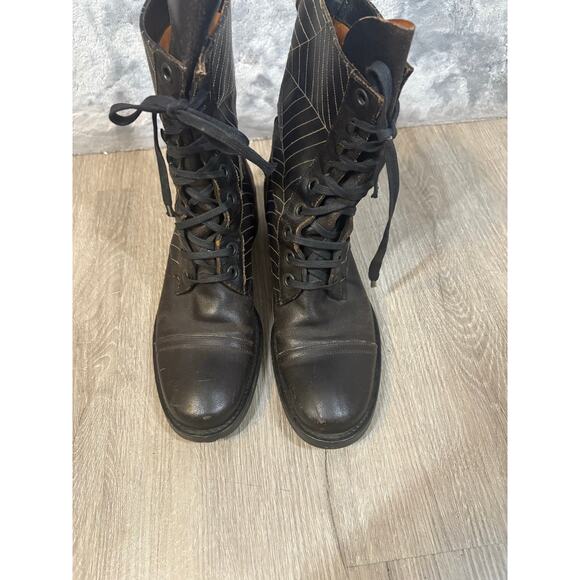 Vintage Black Leather Boots Embroidered Spider Webs 9 Combat Granny Goth Y2K - Picture 6 of 7